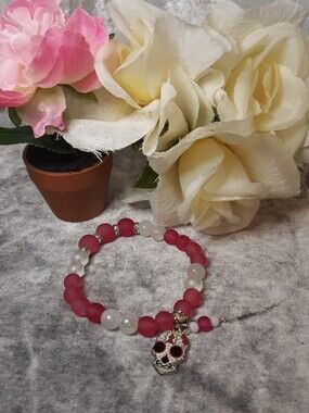 Pink and White Beaded Sugar Skull Stretch Bracelet